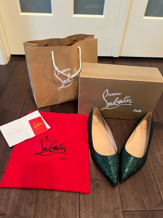 Christian Louboutin Shoes - Christian Louboutin Green Glitter Pointed-Toe Flats with Red Dust Bag, box & bag